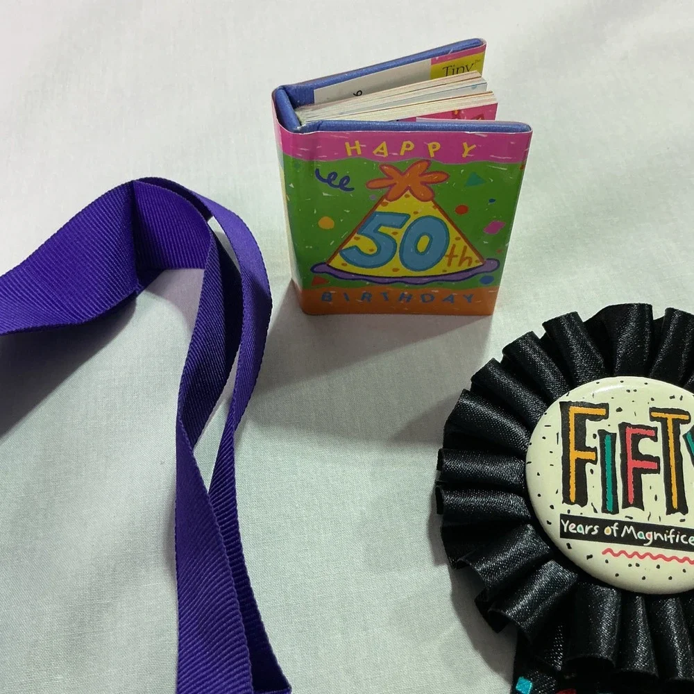 50th Birthday Over the Hill Medal Pin Mini Book Party Favor Set Used